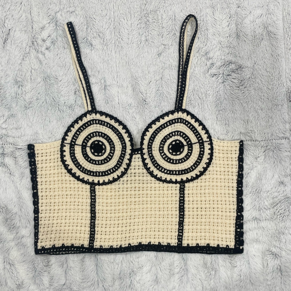 Crochet Crop Top in Cream with Black Trim
